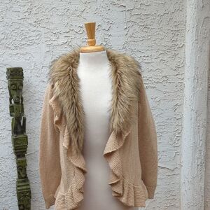 Cozy Beige Faux-Fur Trim Open Cardigan Sweater
